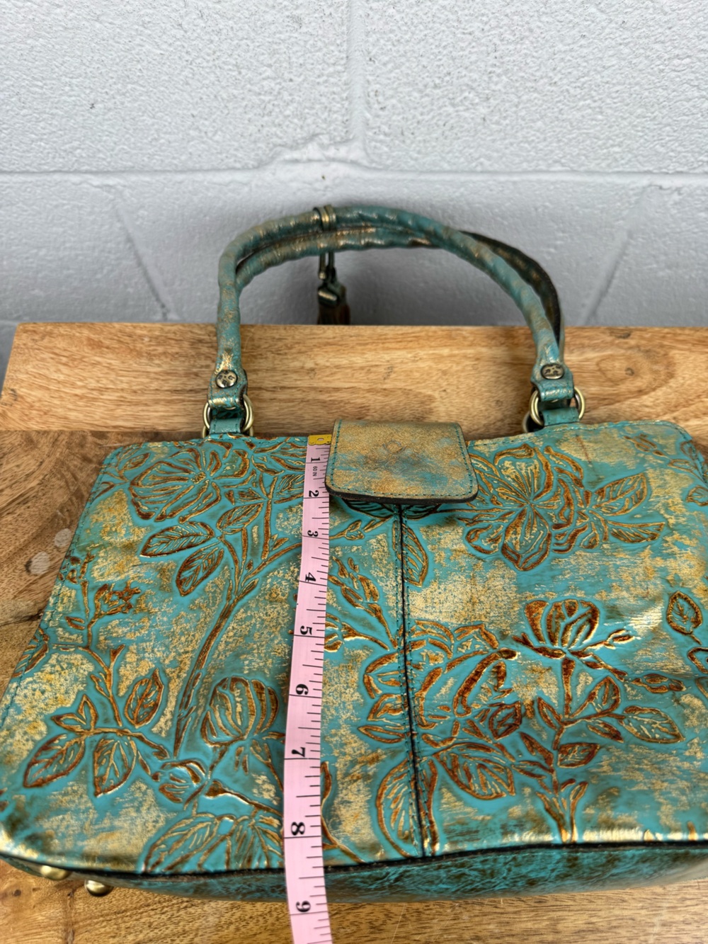 Patricia Nash Turquoise Gold Tooled Floral Leather Satchel Tassel Bag - Picture 14 of 15